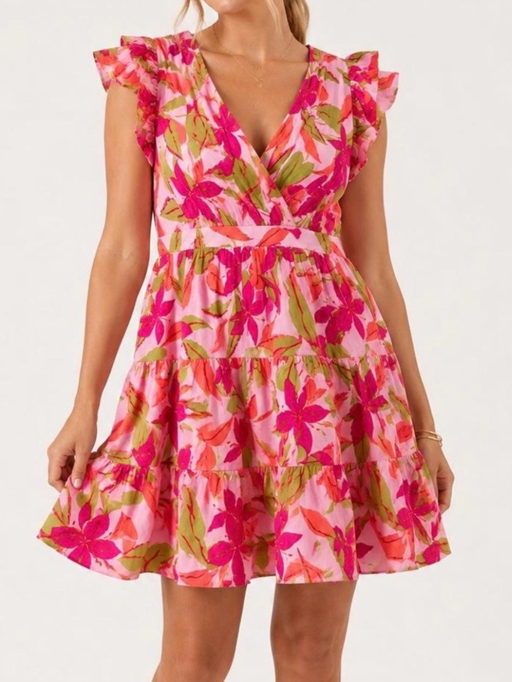 Taylor Pink Floral V-Neck Tiered Mini Dress